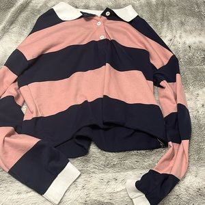 No boundaries pink and navy striped cropped button up Sz m